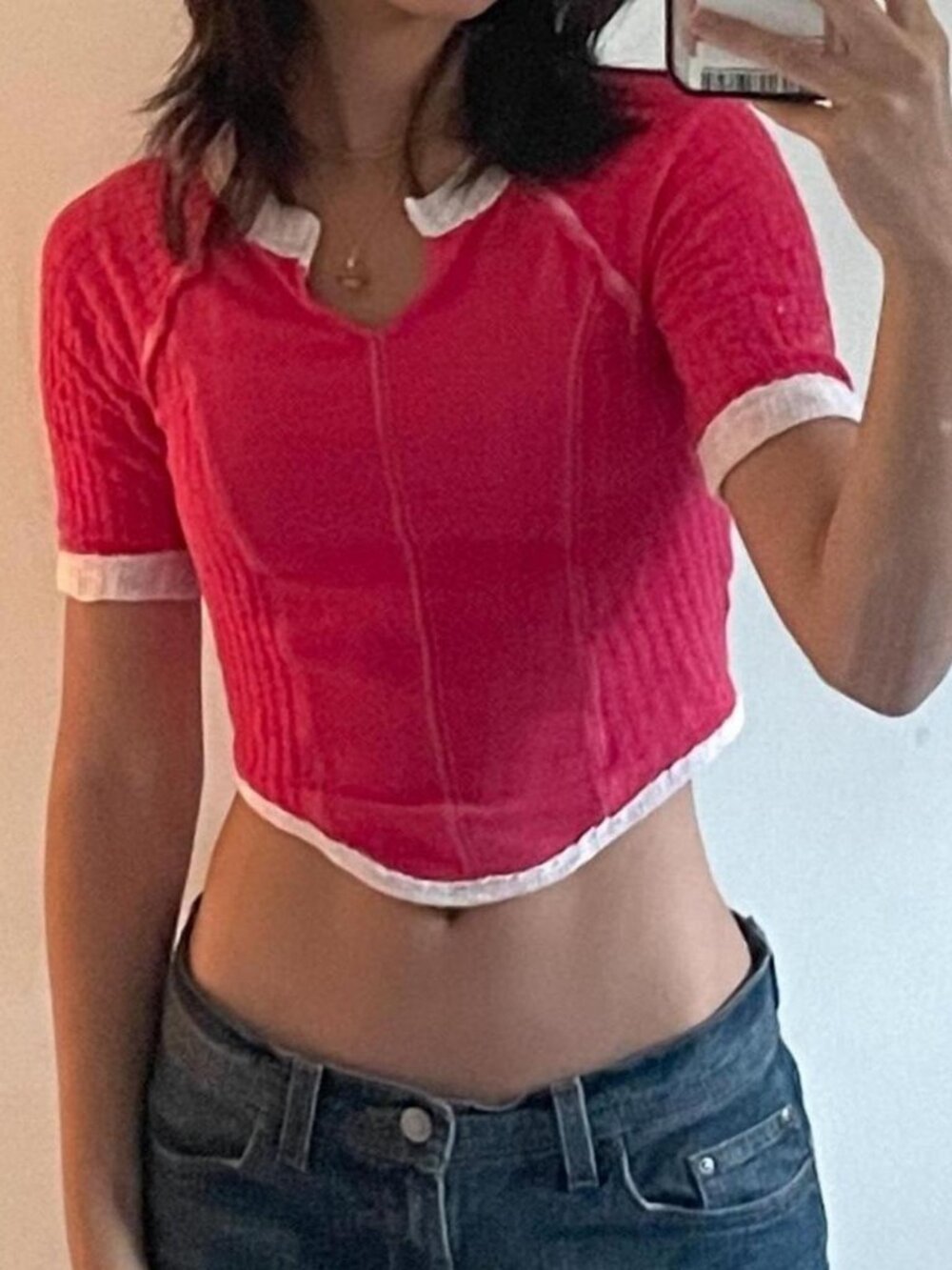 Urban Outfitters Women's Pink White 1/2 Sleeve Contrast Stitching Crop Top